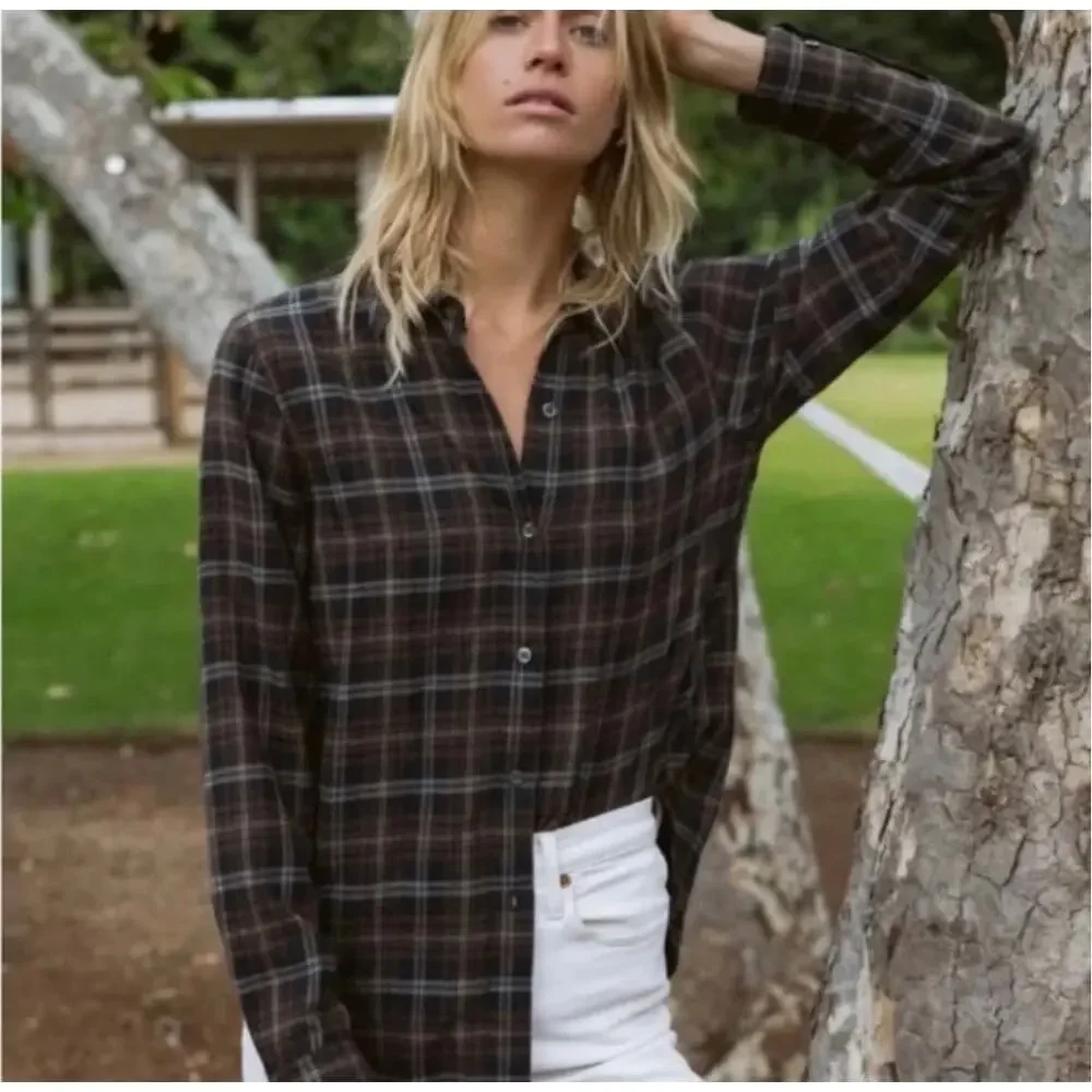 Jenni Kayne Classic Plaid Flannel Shirt Brown and Black Cotton - Picture 1 of 10